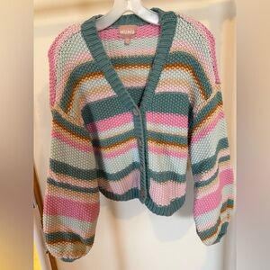 Striped V-Neck Button-Front Cropped Sweater Cardigan - Pink & Green